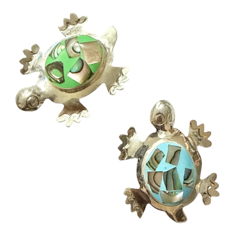 Vintage Alpaca Silver Mexico Turtle Pin Brooch with Abalone Shell & Stone Inlay